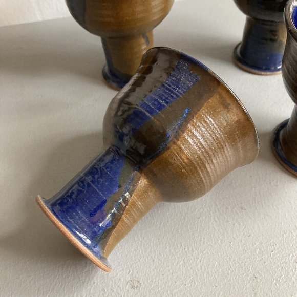 Studio Stoneware Wine Goblets lot of 4 Art Pottery Chunky Foot Chalice Rustic H… - Picture 3 of 11